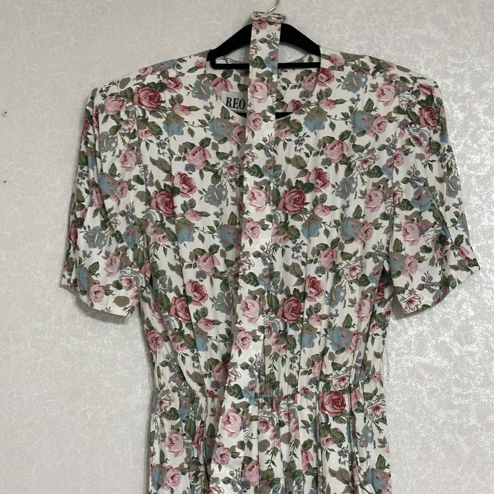 REO Originals Floral Rose Midi Dress Short Sleeve Belted Vintage Pink Cottage S